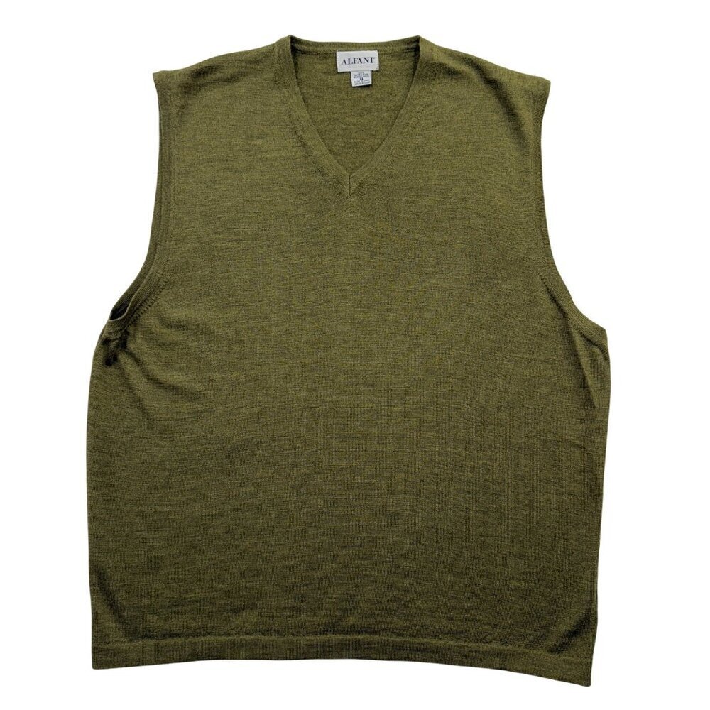 Alfani 100% Merino Wool Sweater Vest Olive Green Grandpa Italy Preppy Mens XL